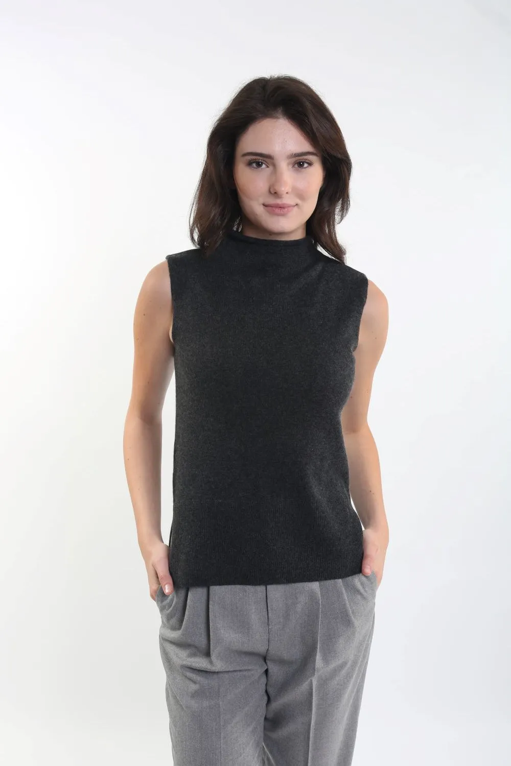 100% Cashmere Funnel Neck Sleeveless Top