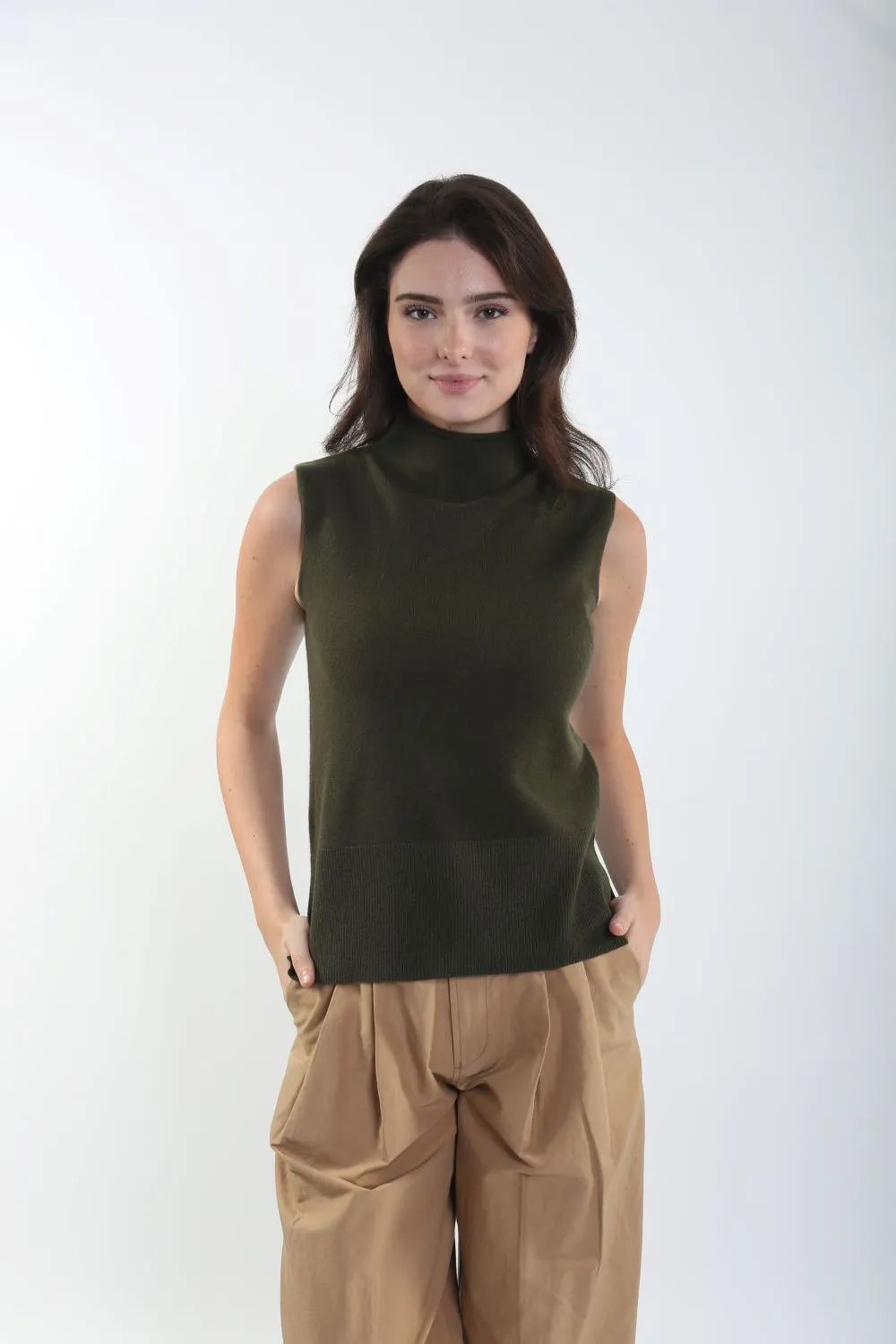 100% Cashmere Funnel Neck Sleeveless Top