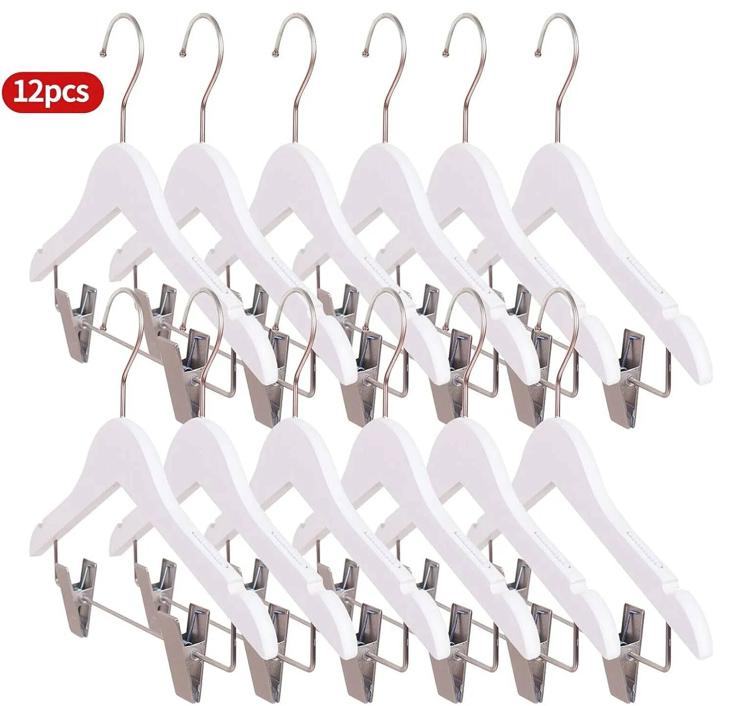 12 Children's Anti-Slip Eco-conscious Wooden Hangers with Soft Grip Clips | White