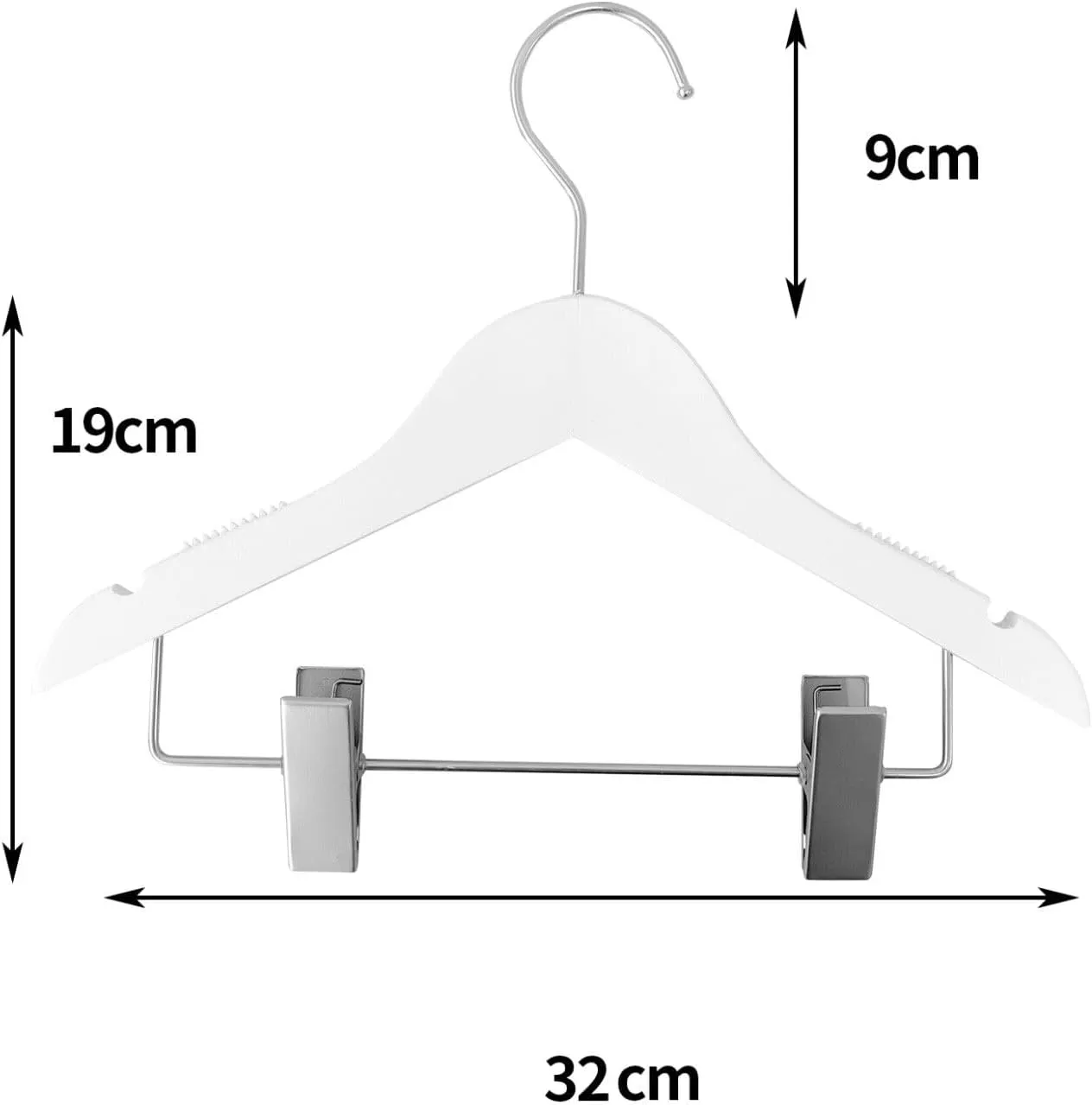 12 Children's Anti-Slip Eco-conscious Wooden Hangers with Soft Grip Clips | White