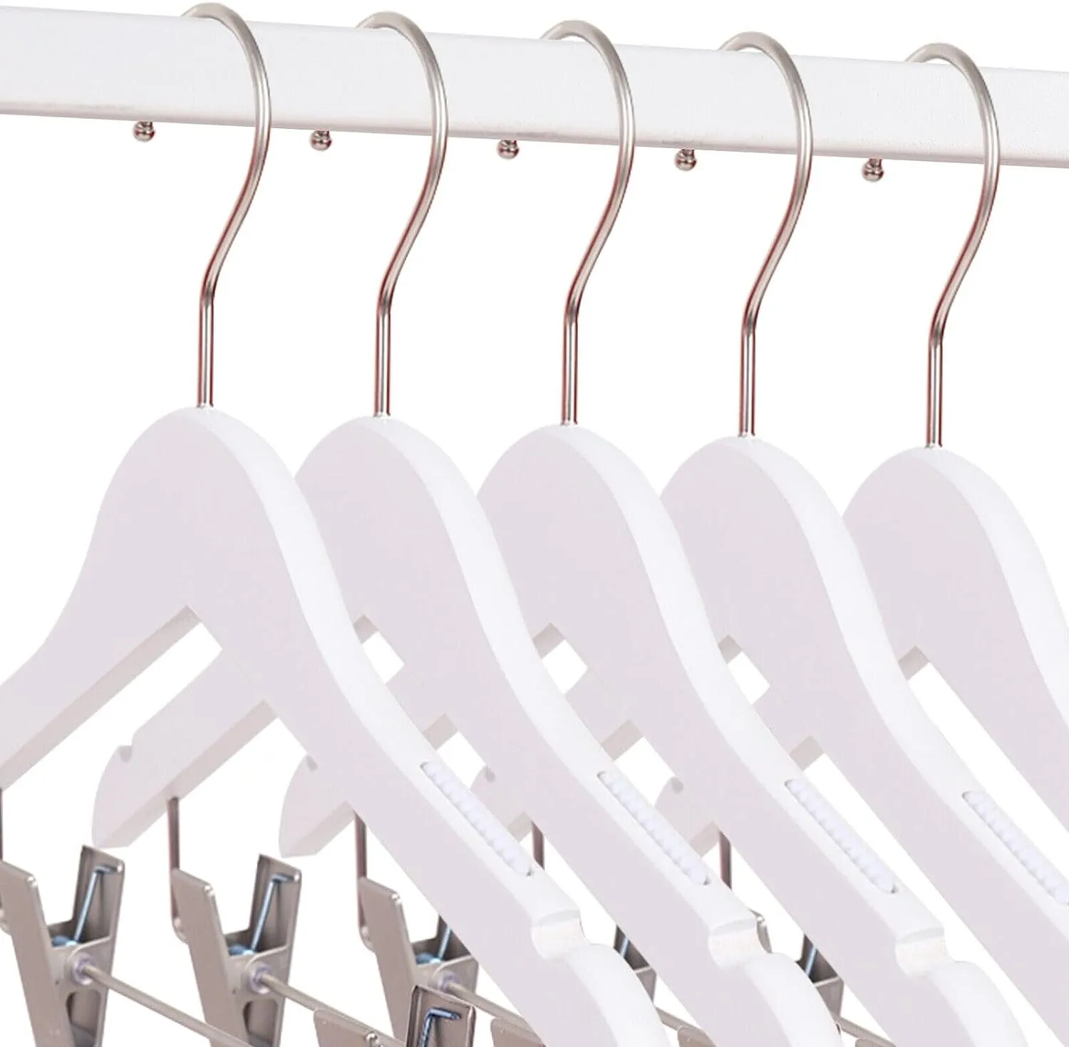 12 Children's Anti-Slip Eco-conscious Wooden Hangers with Soft Grip Clips | White