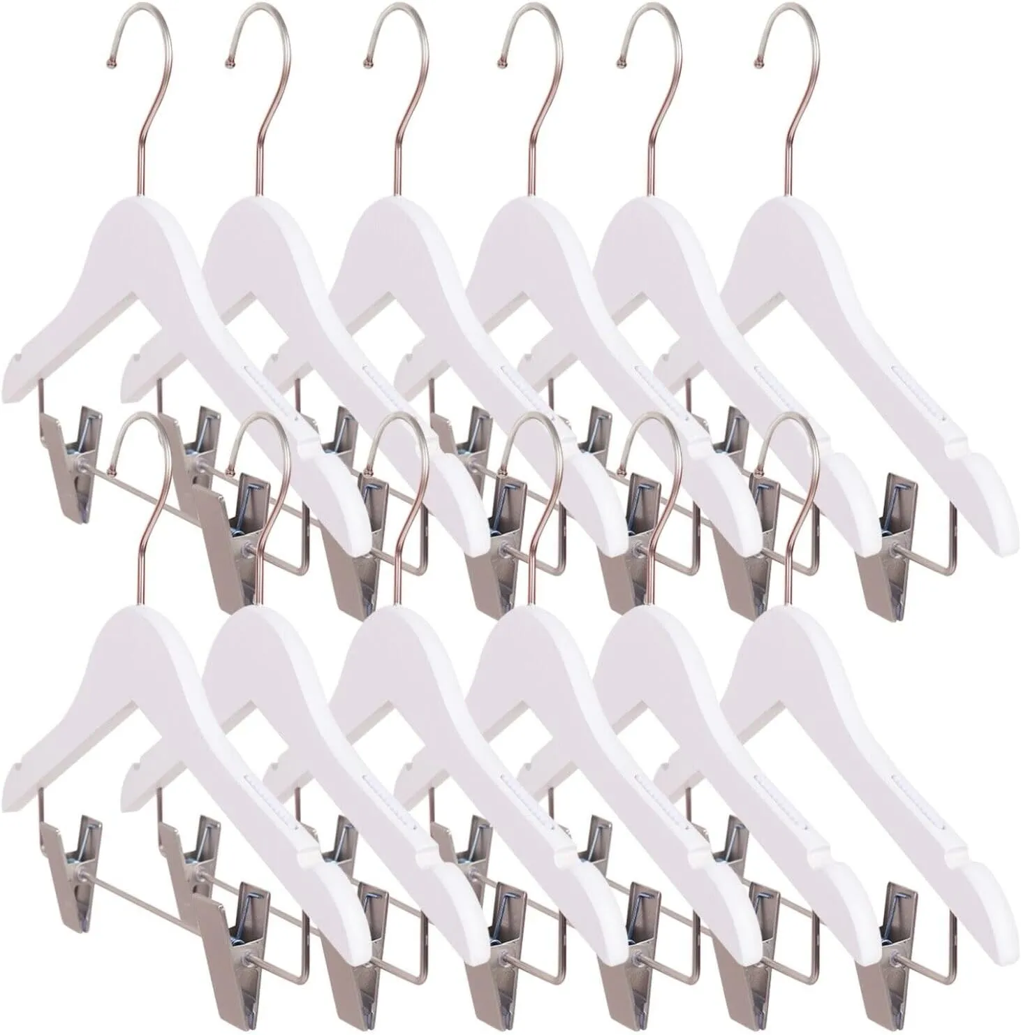 12 Children's Anti-Slip Eco-conscious Wooden Hangers with Soft Grip Clips | White