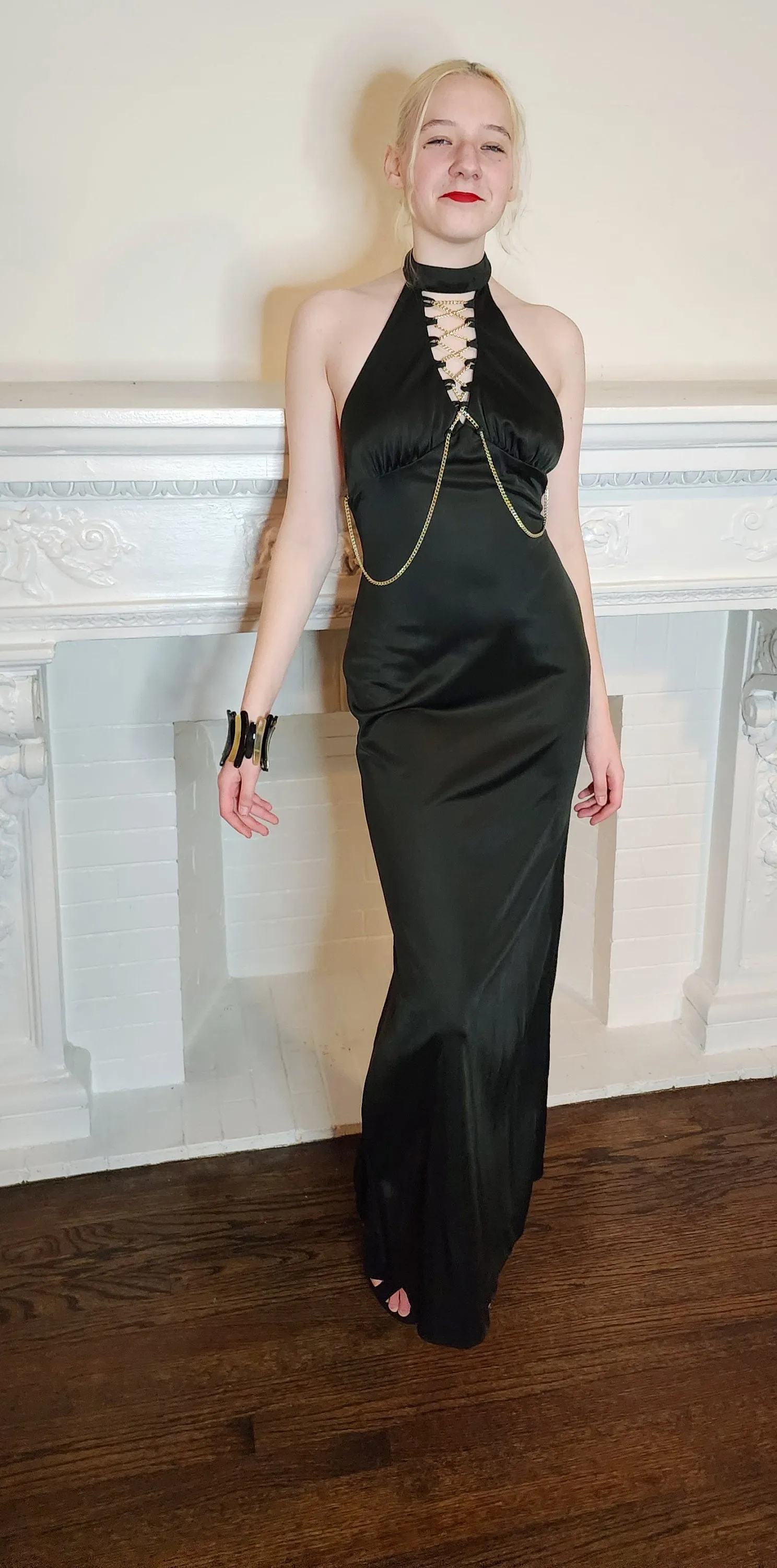 70s Black Maxi Dress Halter Style w-Open Back and Gold Chains by Funky - S