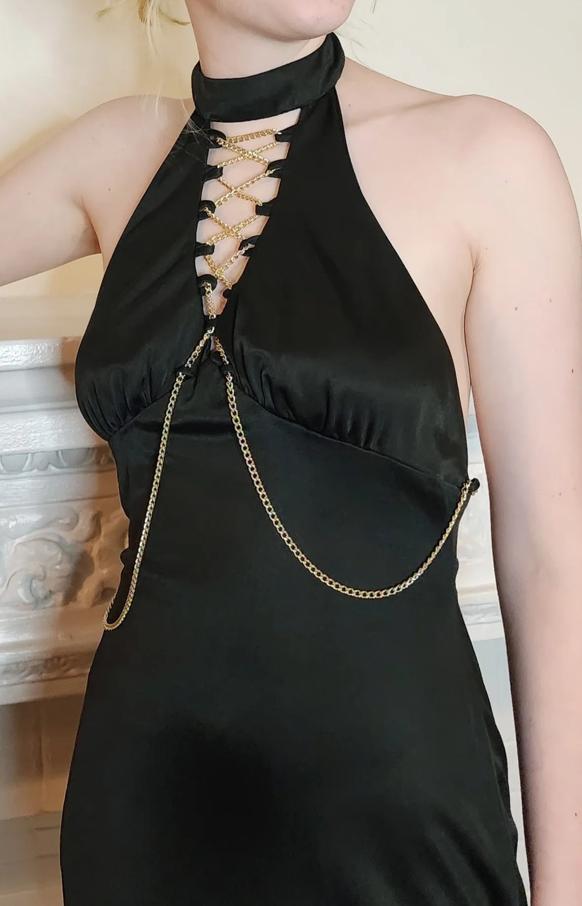 70s Black Maxi Dress Halter Style w-Open Back and Gold Chains by Funky - S