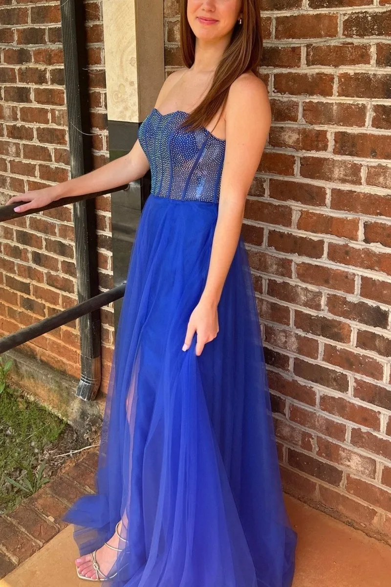 Abysmal | A-Line Strapless Beads Empire-Waist Sleeveless Prom Dress With Slit