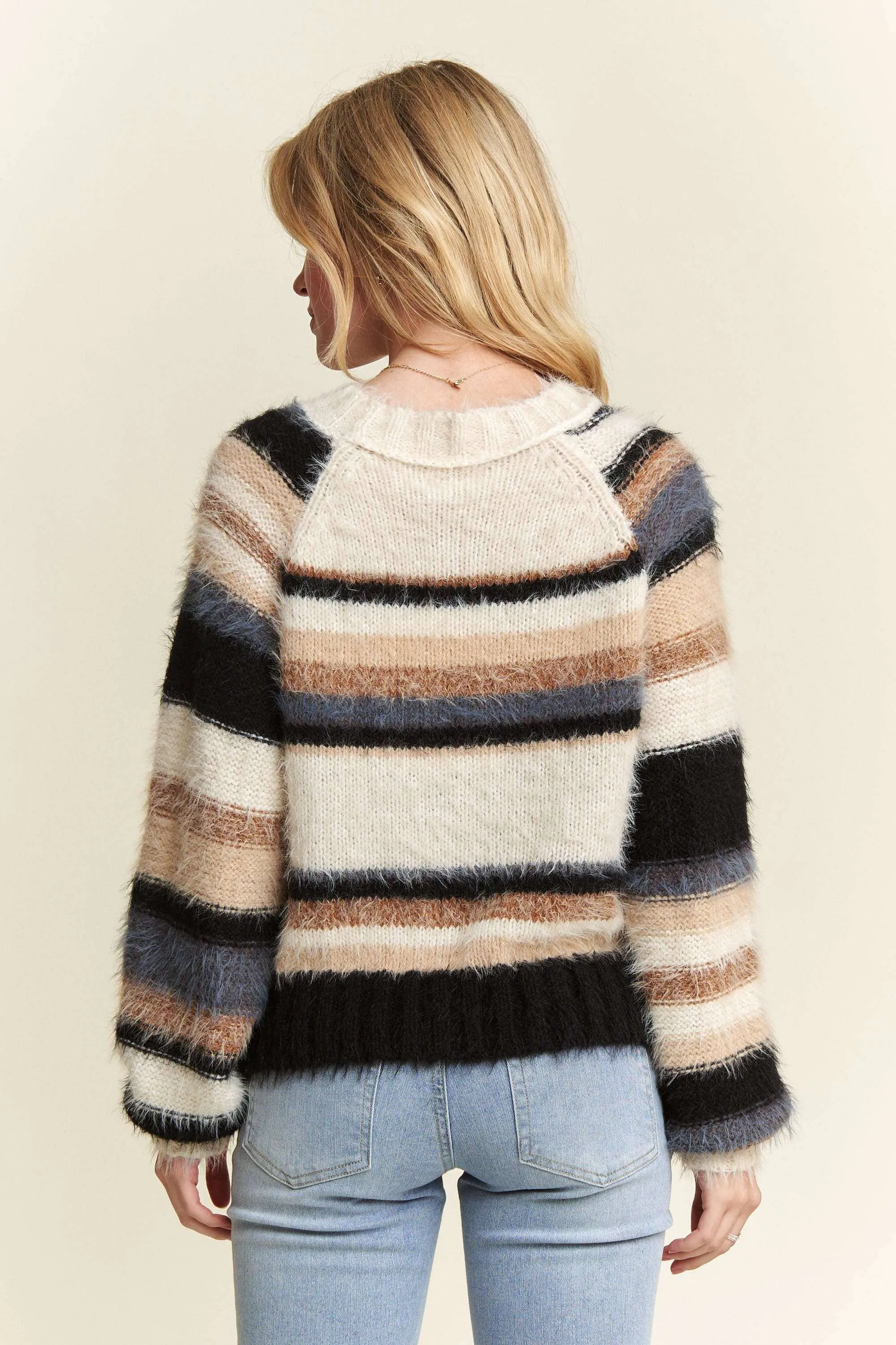 Adora - STRIPE PATTERN FUZZY SWEATER TOP