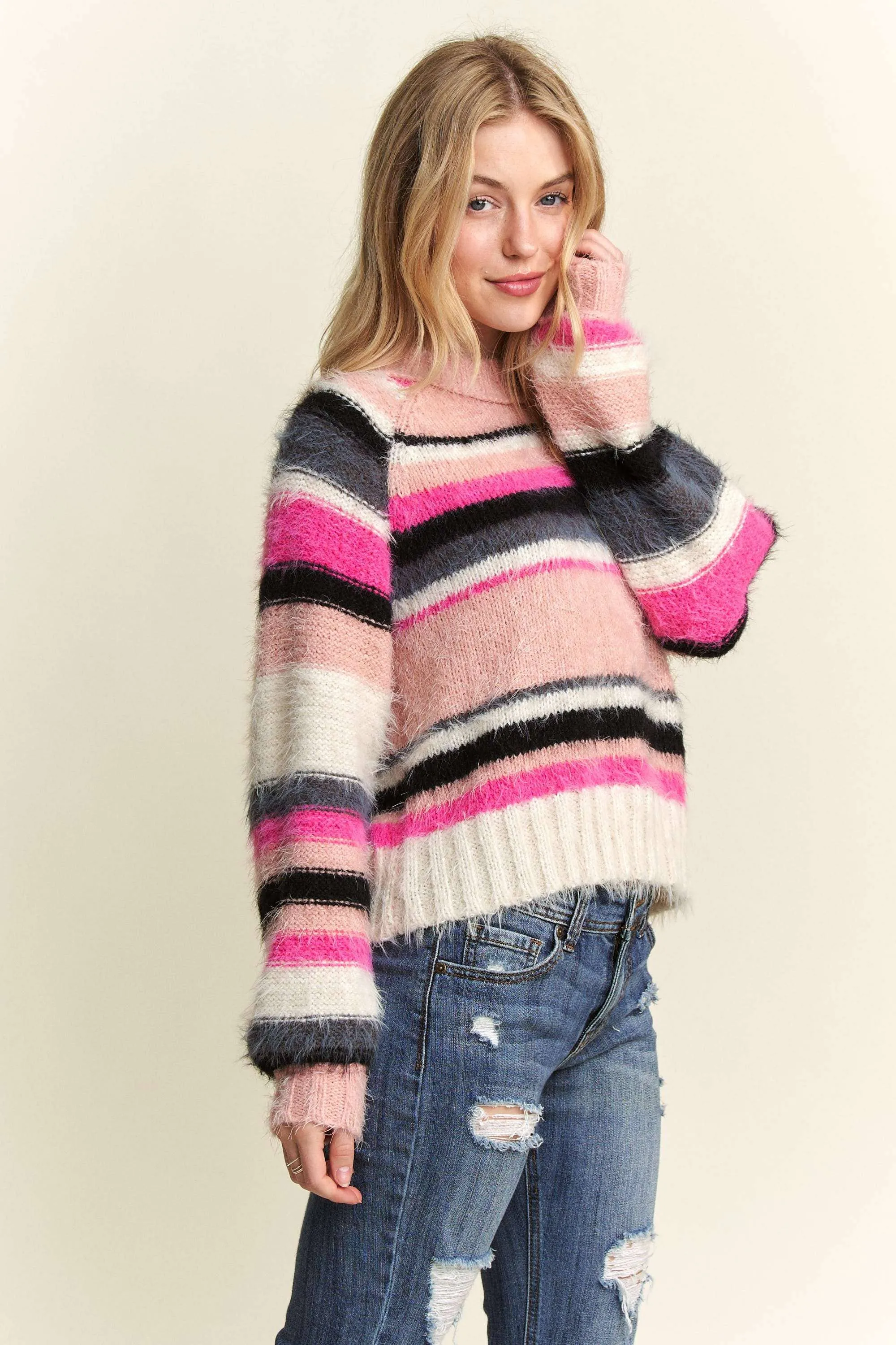 Adora - STRIPE PATTERN FUZZY SWEATER TOP