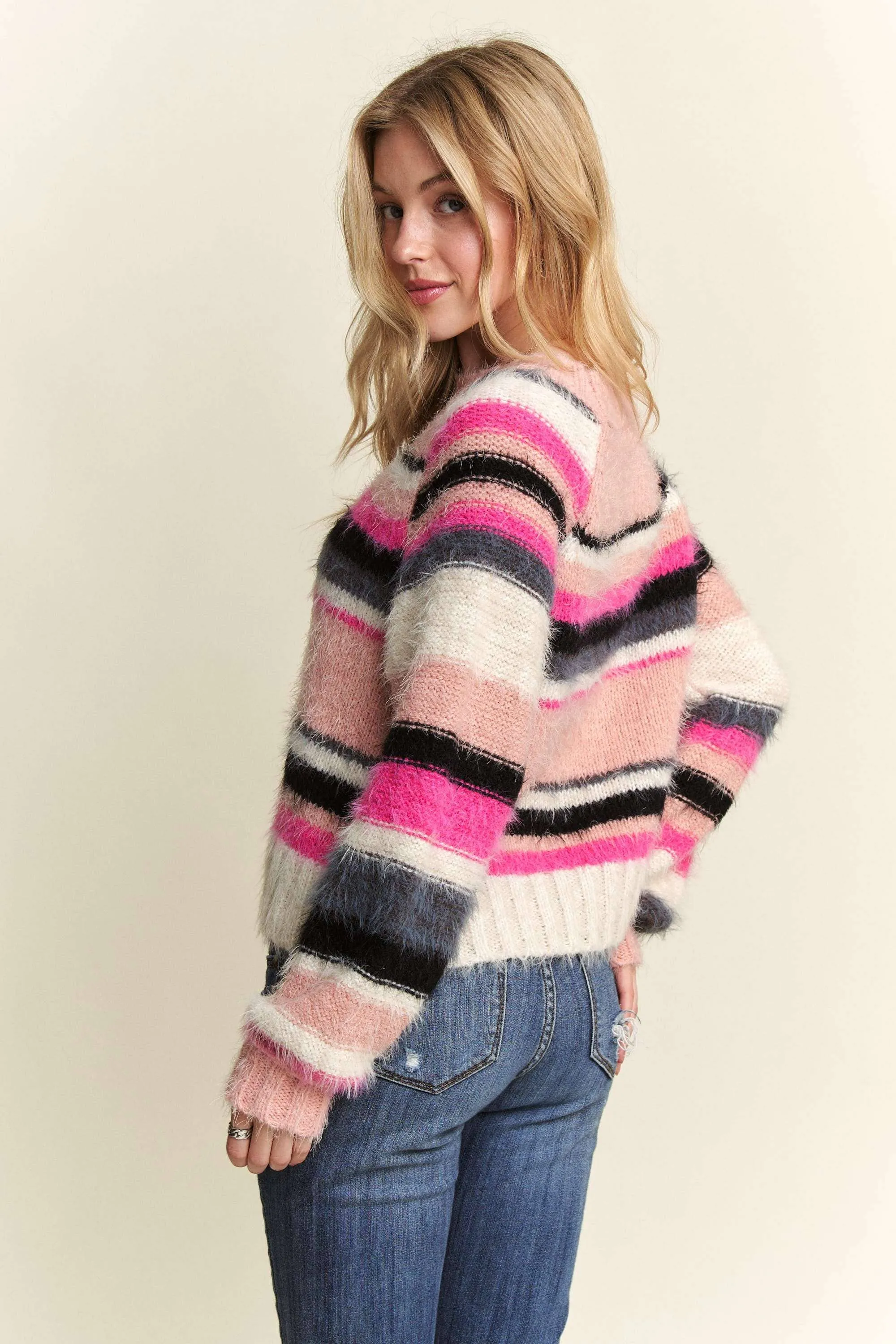 Adora - STRIPE PATTERN FUZZY SWEATER TOP