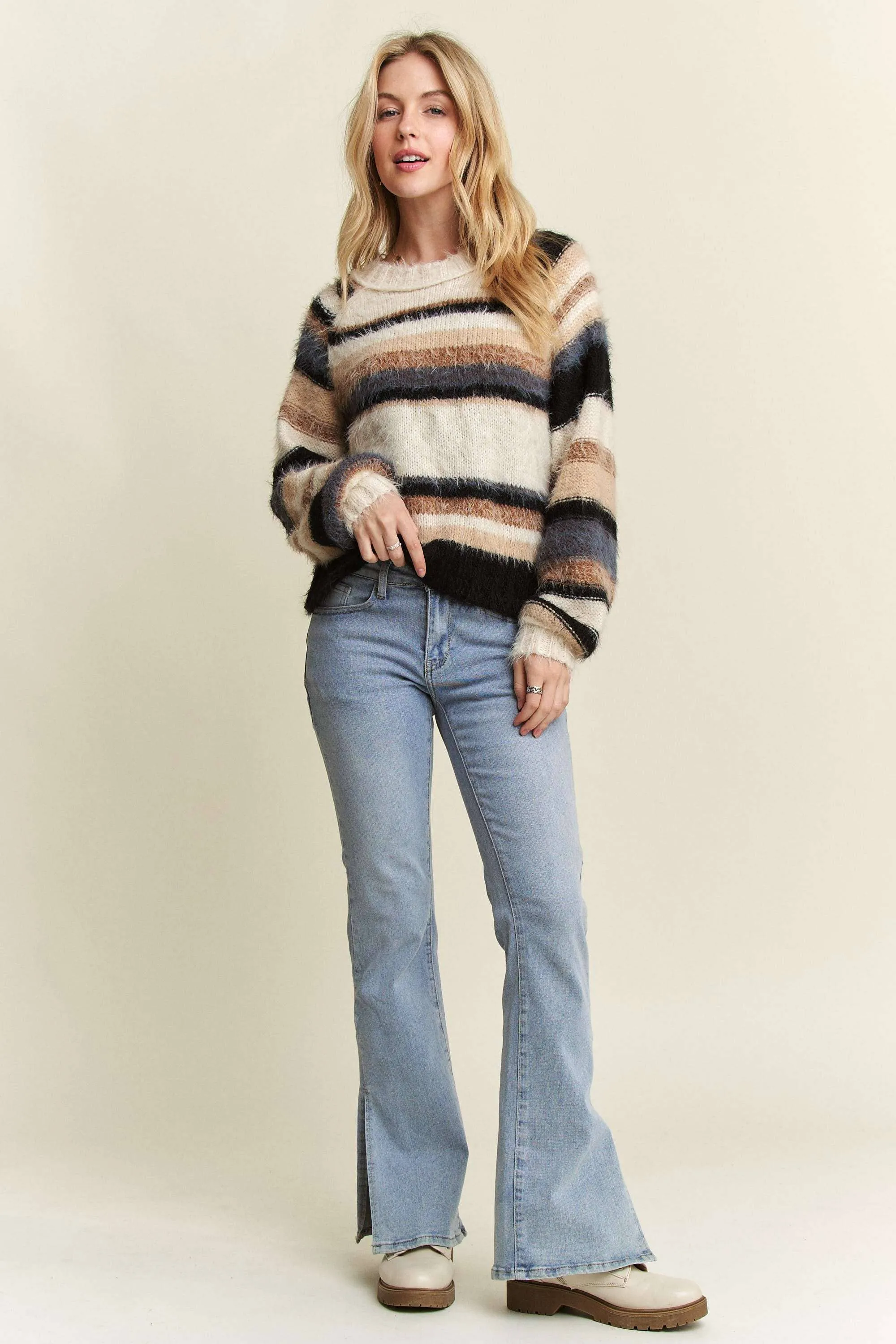 Adora - STRIPE PATTERN FUZZY SWEATER TOP