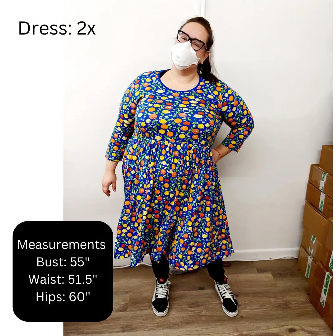 Adult's Strawberry - Blue Long Sleeve Dress With Gathered Skirt - 2 Left Size XS & 4XL