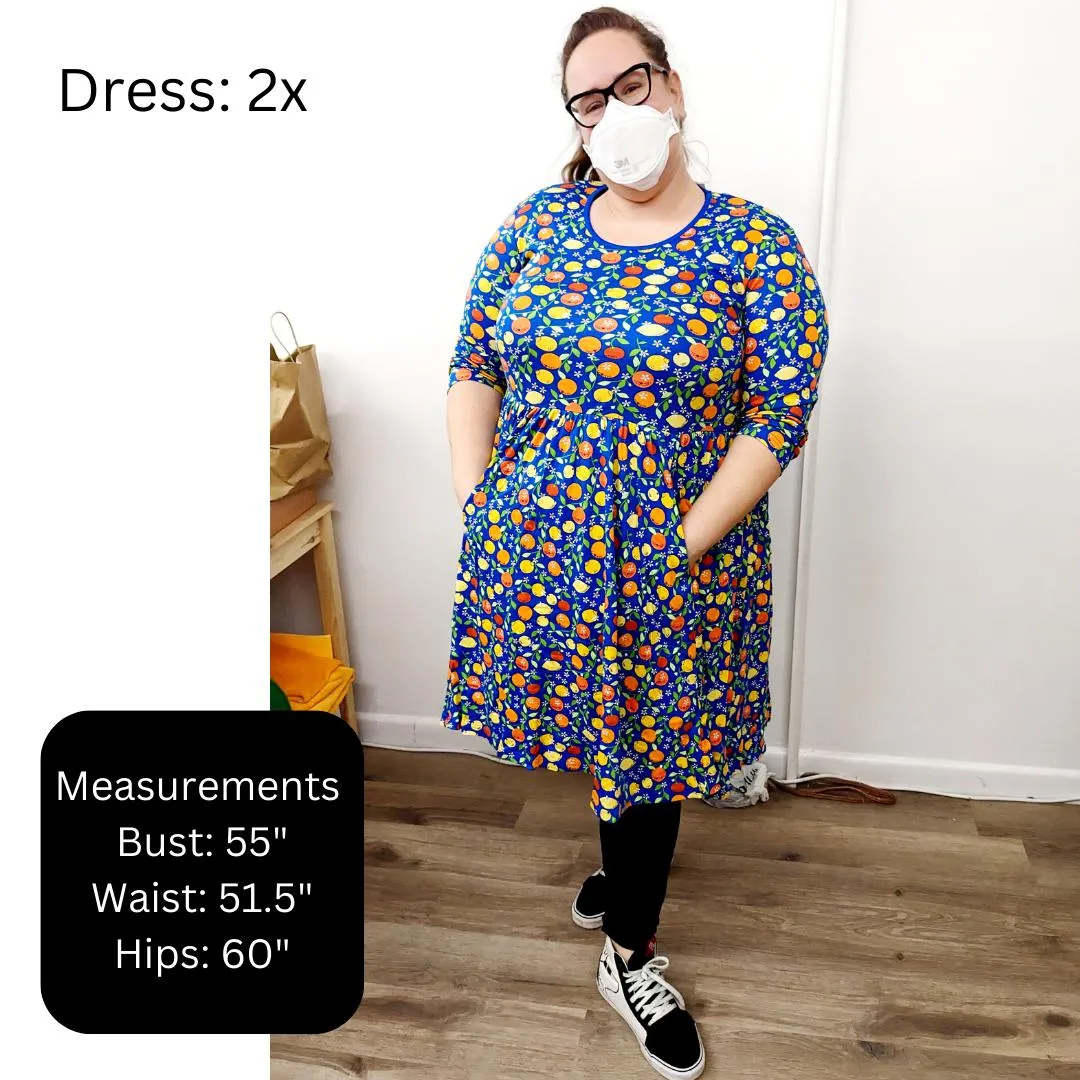 Adult's Strawberry - Blue Long Sleeve Dress With Gathered Skirt - 2 Left Size XS & 4XL