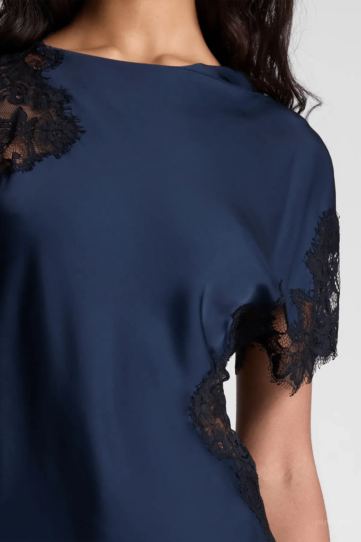 Alessia Satin Lace Top in Dark Sapphire Black