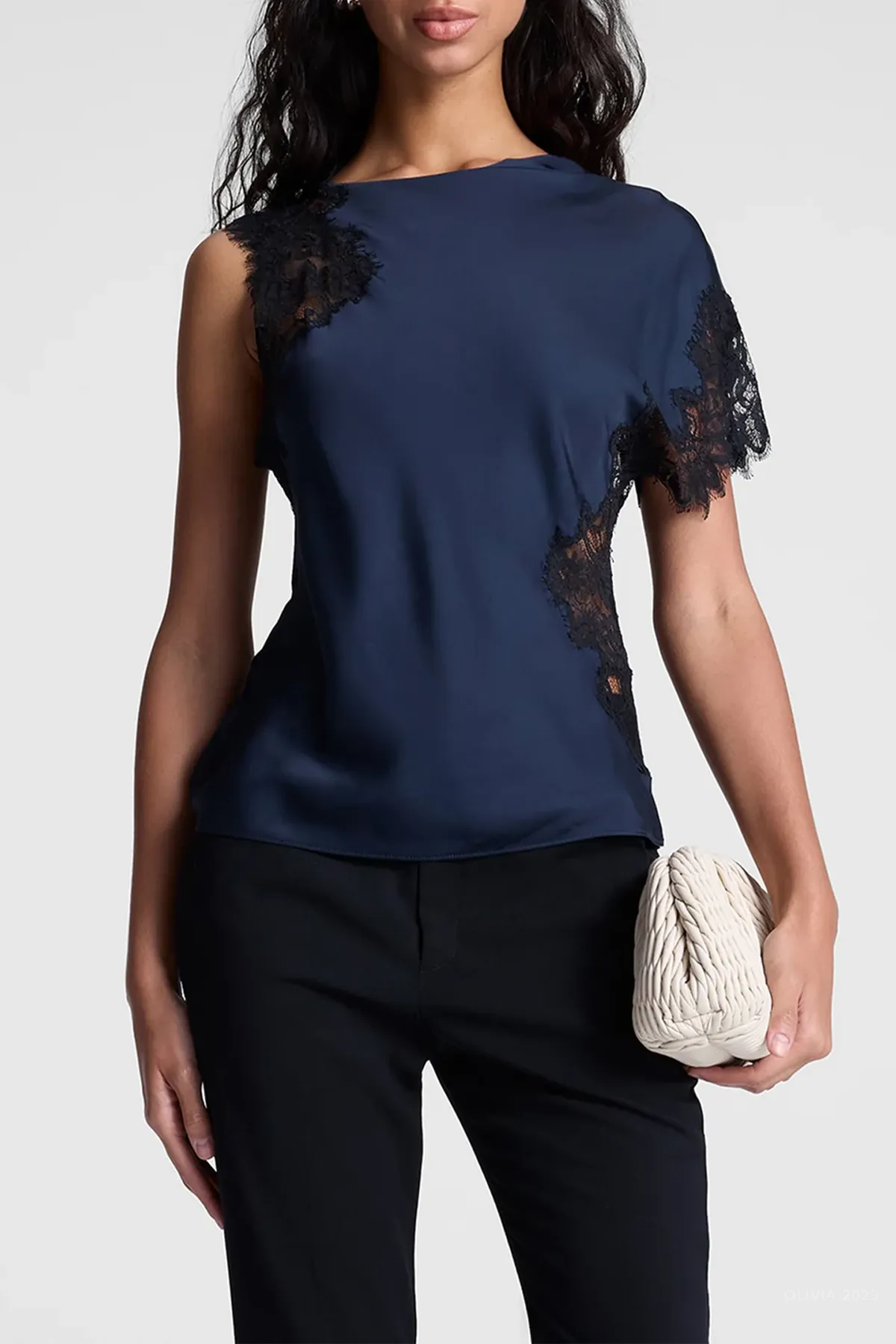 Alessia Satin Lace Top in Dark Sapphire Black