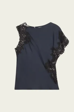 Alessia Satin Lace Top in Dark Sapphire Black