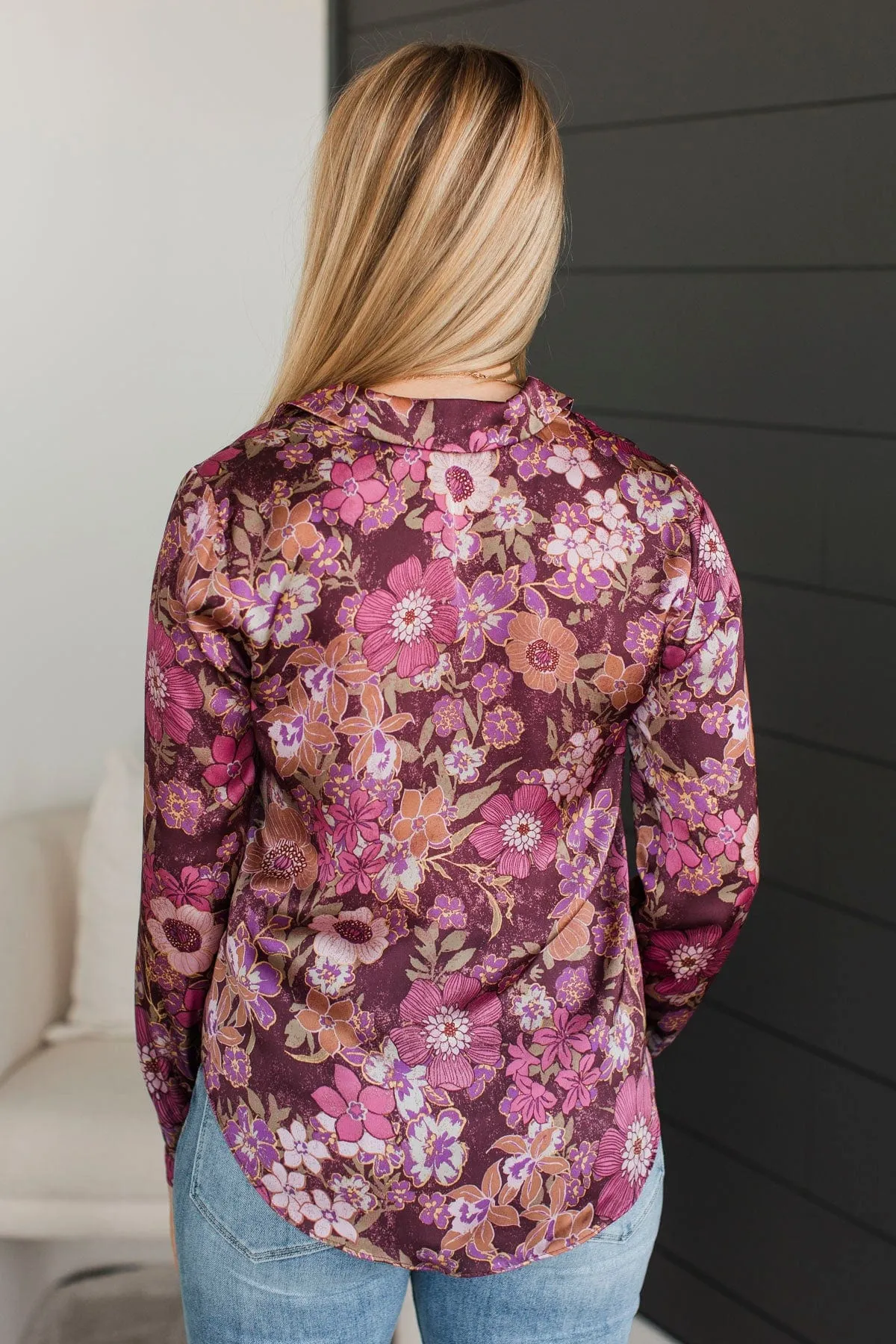 Always A Vibe Floral Satin Blouse- Merlot