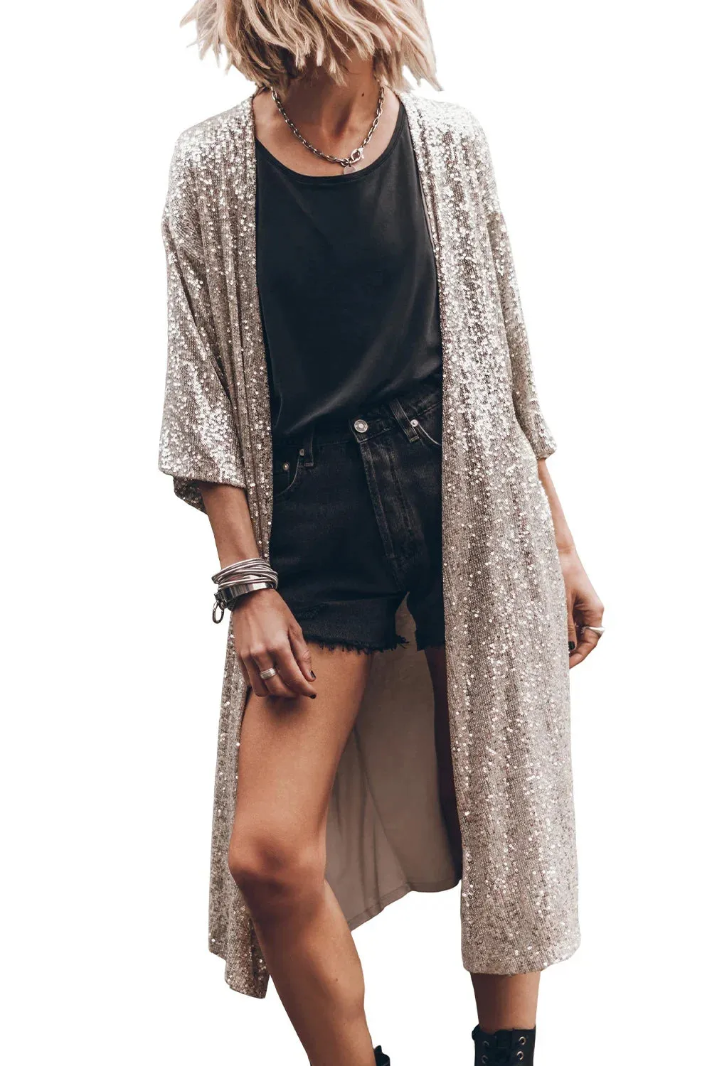 Apricot Sequin 3/4 Sleeve Open Front Duster Kimono Jacket for Women Autumn Long Sleeve Jeans Coat Jackets