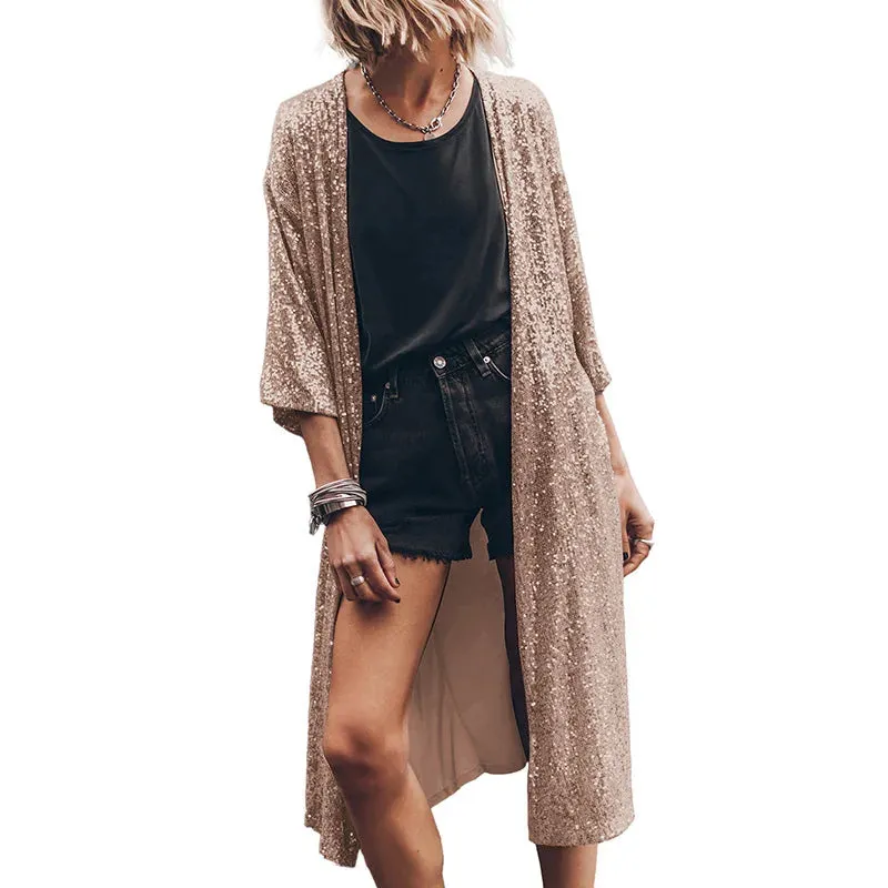 Apricot Sequin 3/4 Sleeve Open Front Duster Kimono Jacket for Women Autumn Long Sleeve Jeans Coat Jackets