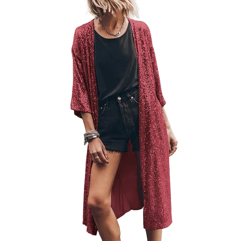 Apricot Sequin 3/4 Sleeve Open Front Duster Kimono Jacket for Women Autumn Long Sleeve Jeans Coat Jackets
