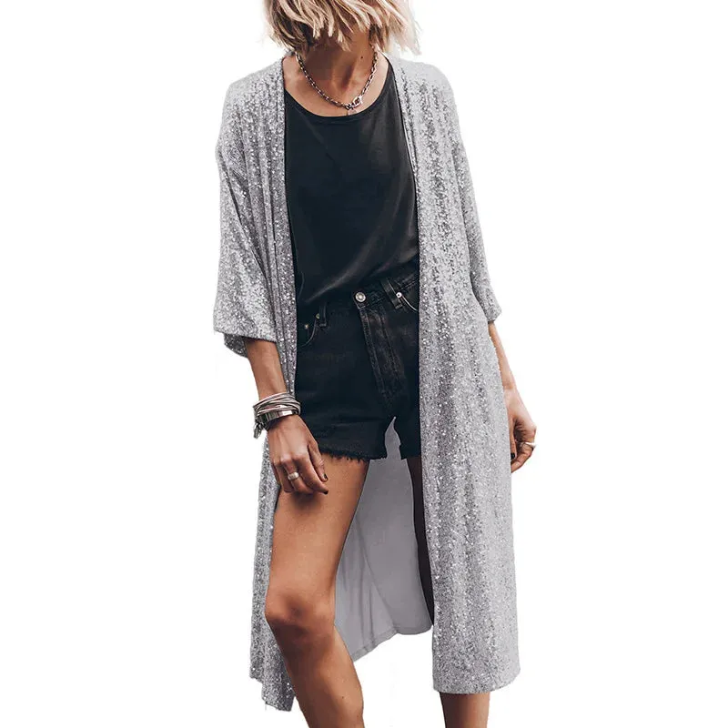 Apricot Sequin 3/4 Sleeve Open Front Duster Kimono Jacket for Women Autumn Long Sleeve Jeans Coat Jackets