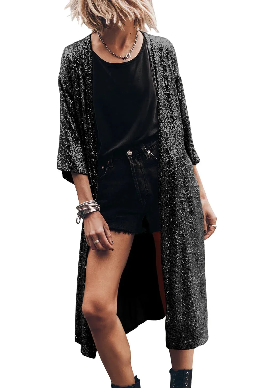 Apricot Sequin 3/4 Sleeve Open Front Duster Kimono Jacket for Women Autumn Long Sleeve Jeans Coat Jackets