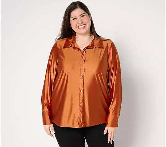 Attitudes by Renee Fluid Satin Button Front Top