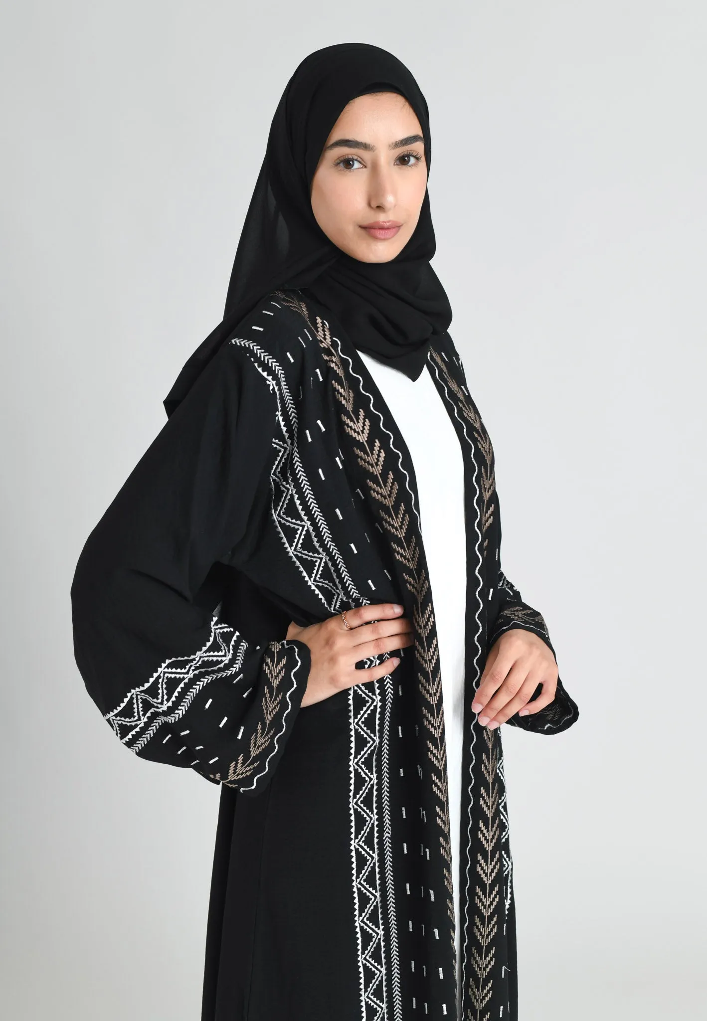 Aztec Kimono Style Embroidered Open Abaya (Premium)
