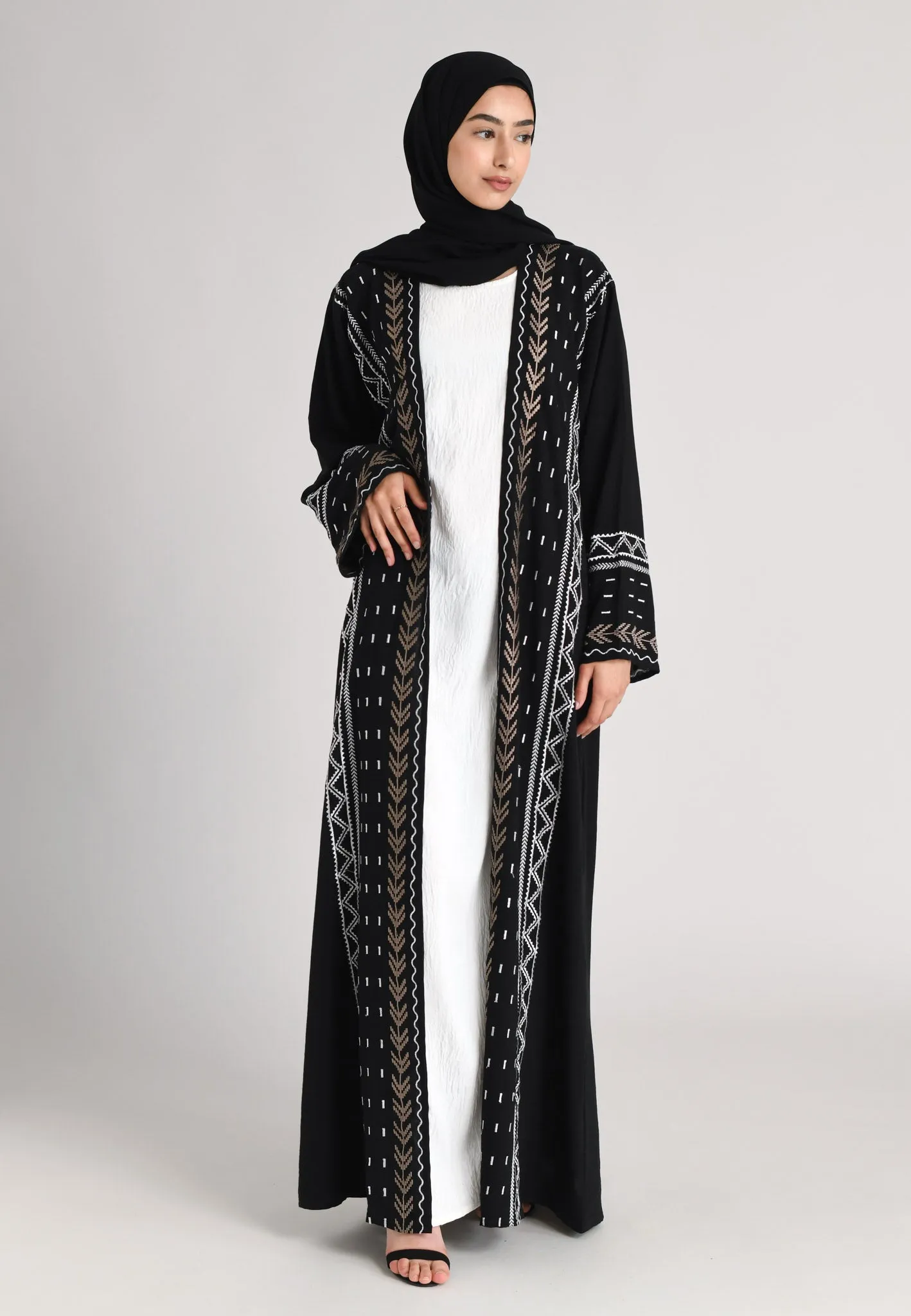 Aztec Kimono Style Embroidered Open Abaya (Premium)