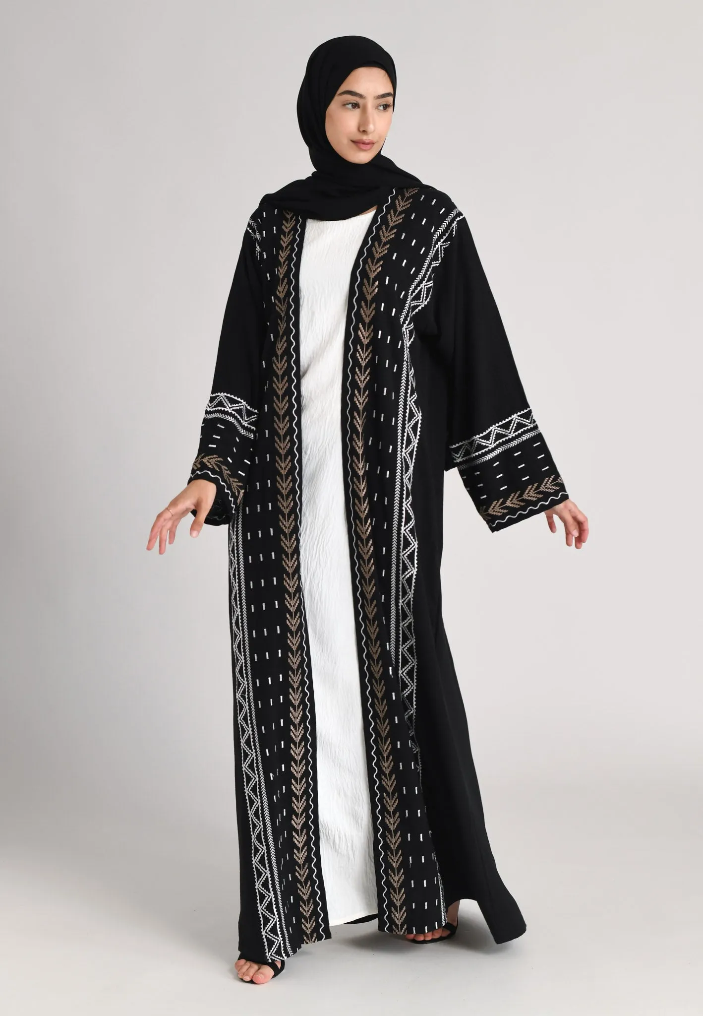Aztec Kimono Style Embroidered Open Abaya (Premium)