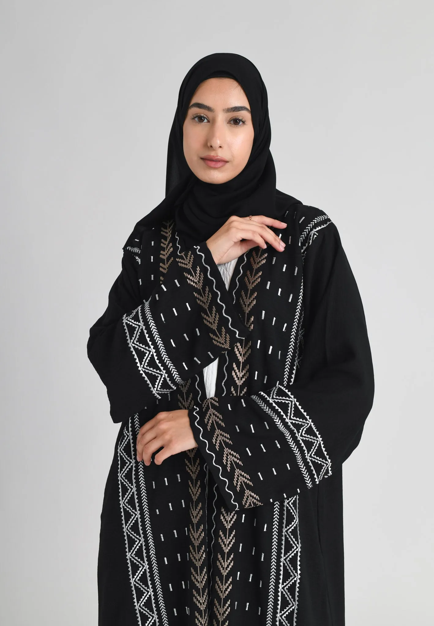 Aztec Kimono Style Embroidered Open Abaya (Premium)
