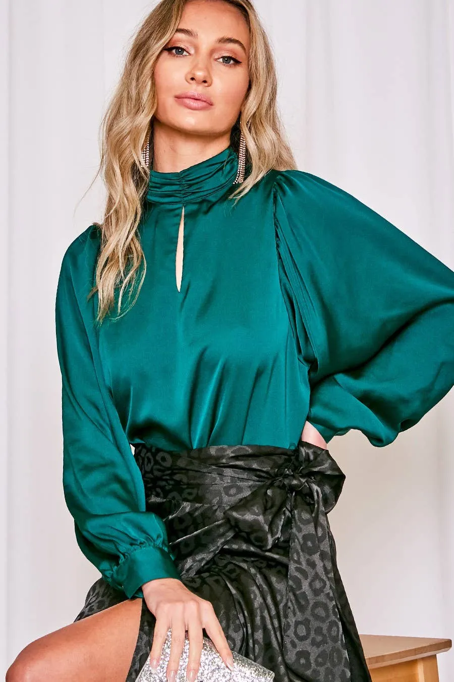 Balloon Sleeves Satin Blouse Top