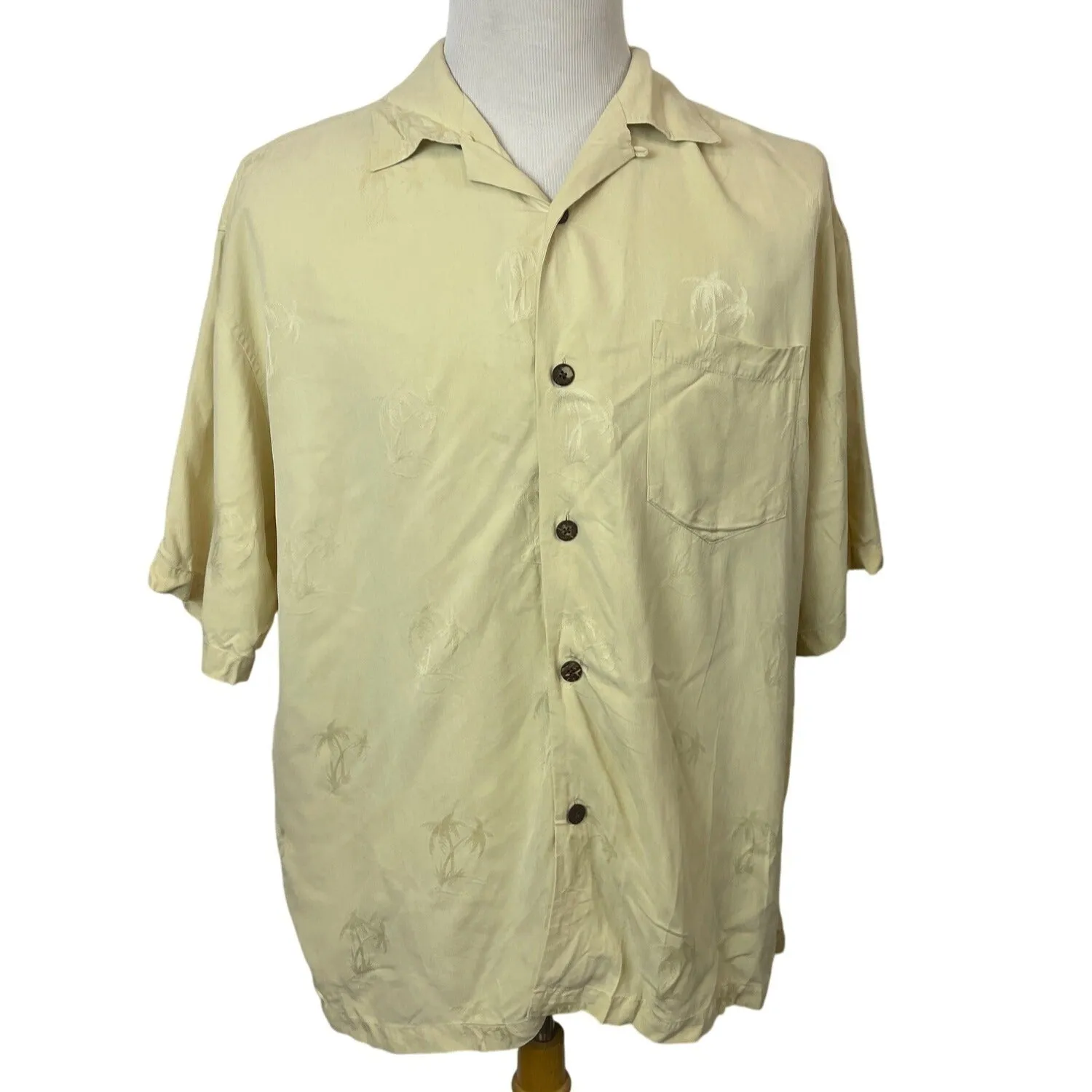 BAMBOO CAY Men's Yellow Hawaiian Short Sleeve Button-Down Silk Shirt Size XL