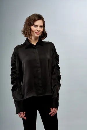 BCT2691B Satin Blouse with Gathering on the Sleeves in Black