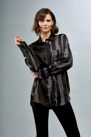 BCT3357D Printed Satin Blouse in Smoke Pearl Stripe