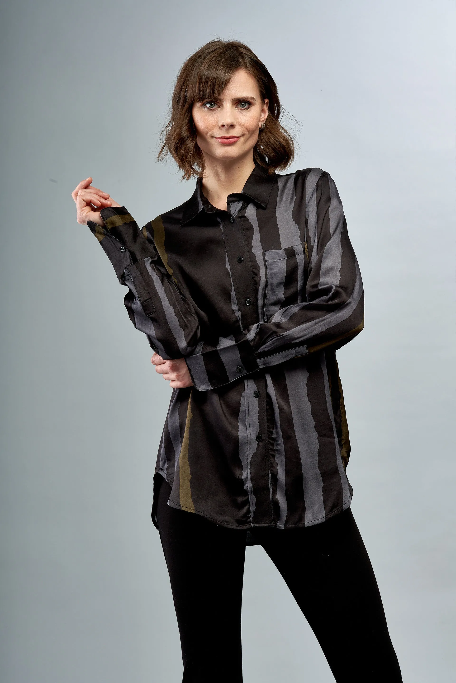 BCT3357D Printed Satin Blouse in Smoke Pearl Stripe