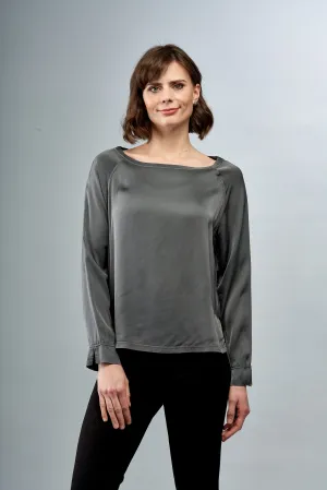 BCT7687 Long Sleeve Scoop neck Satin Tee in Taupe Grey