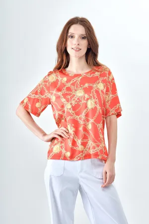 BCT8933PR Red Clay Medallion Printed Satin T-Shirt