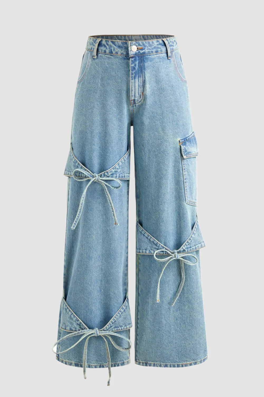 Beau Blue Bowknot Decor Boyfriend Cargo Jeans