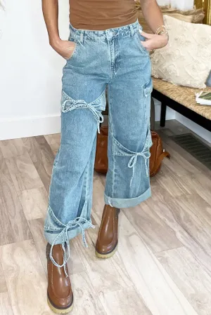 Beau Blue Bowknot Decor Boyfriend Cargo Jeans