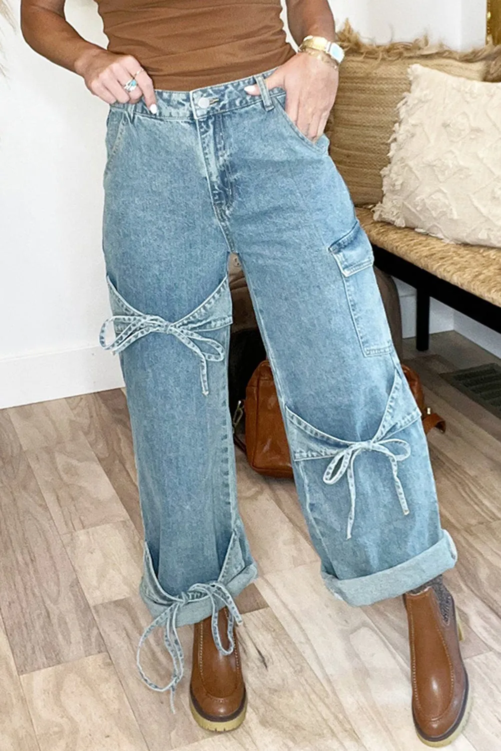 Beau Blue Bowknot Decor Boyfriend Cargo Jeans