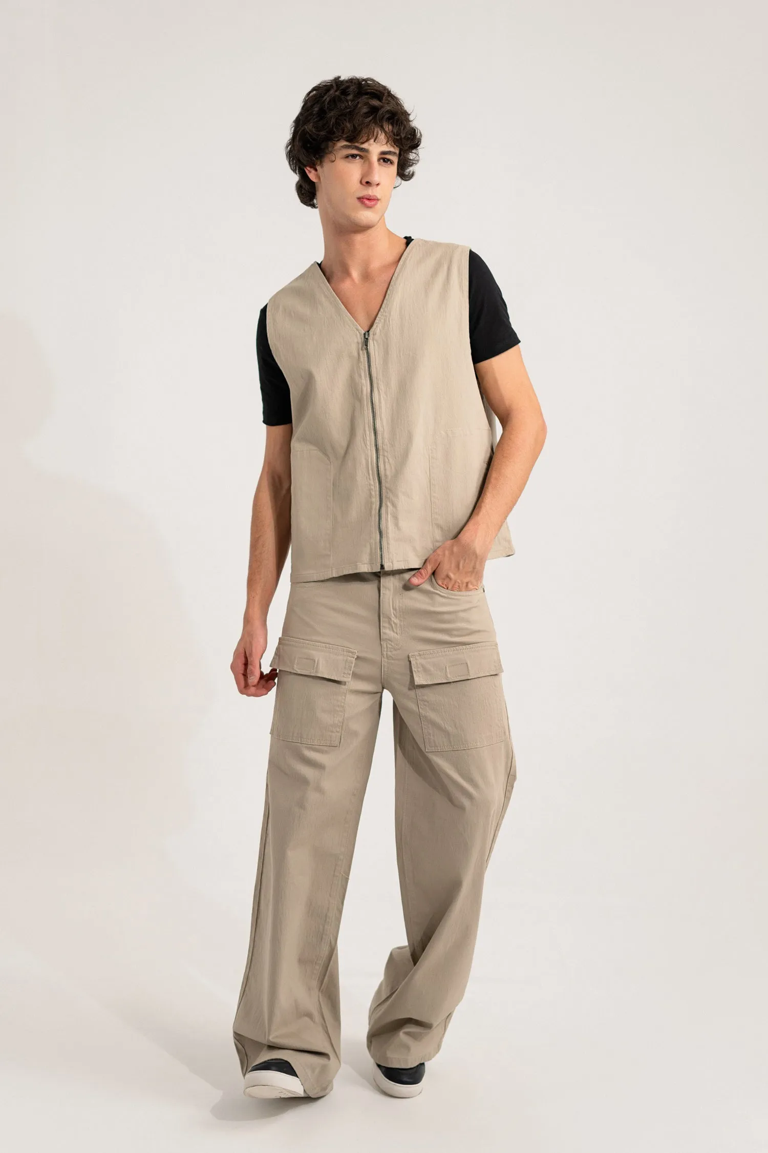 Beige Regular Fit Sleeveless Jacket