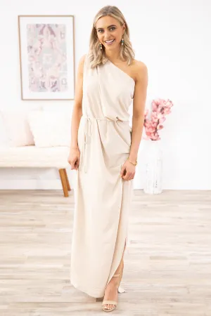 Beige Tie Waist One Shoulder Maxi Dress