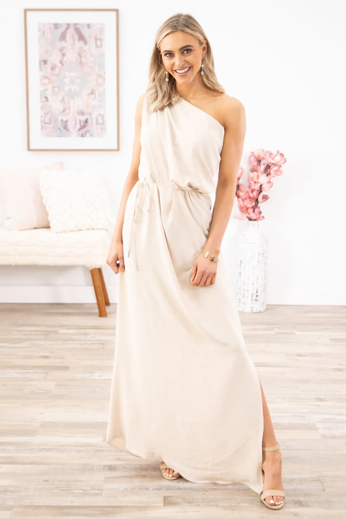 Beige Tie Waist One Shoulder Maxi Dress