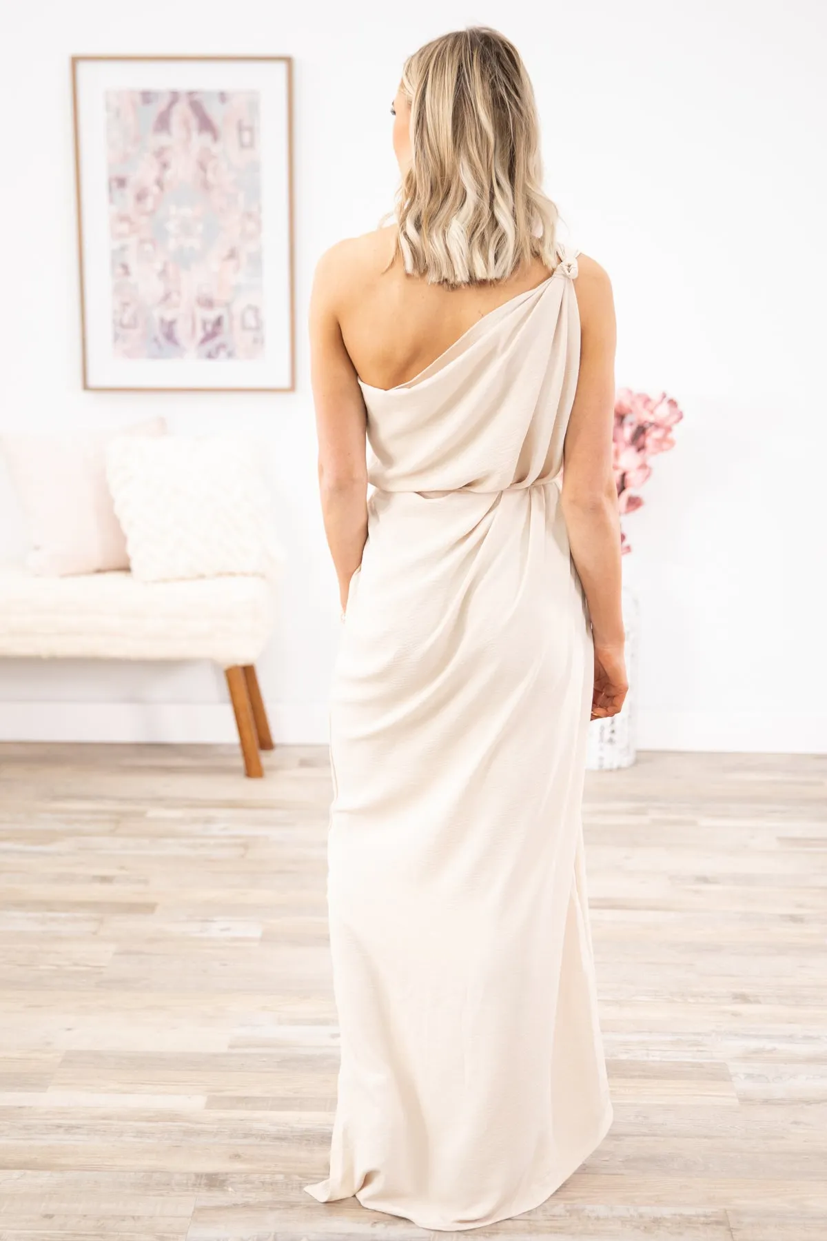 Beige Tie Waist One Shoulder Maxi Dress