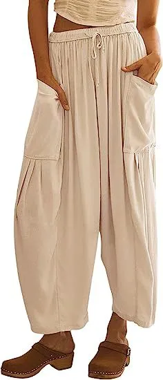 Beige Wide Leg Casual Cargo Pants