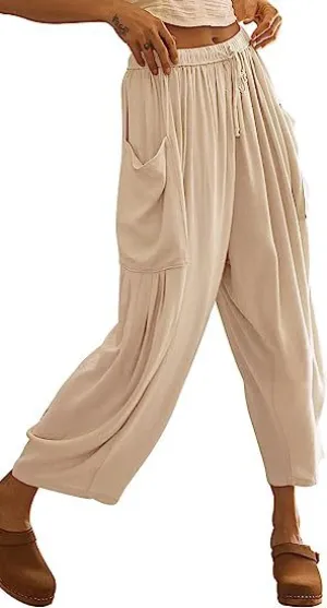 Beige Wide Leg Casual Cargo Pants