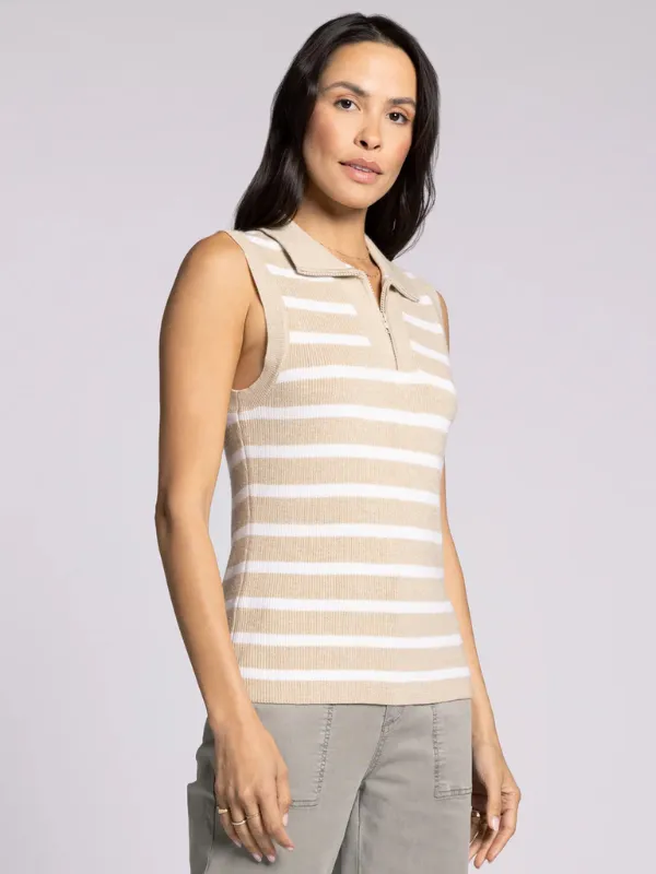 Bella Sweater Vest Top - Khaki   White
