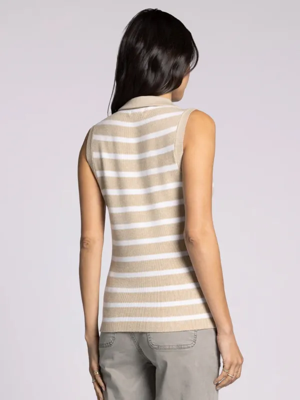 Bella Sweater Vest Top - Khaki   White