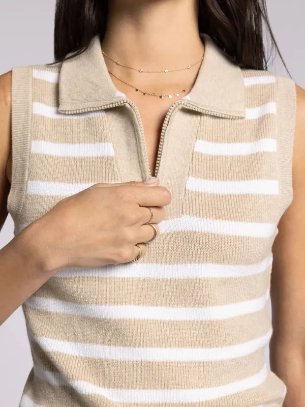 Bella Sweater Vest Top - Khaki   White