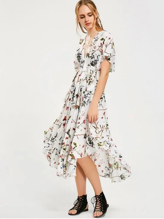 BerryBetty - Gorgeous Empire Waist Floral Asymmetrical Midi Dress