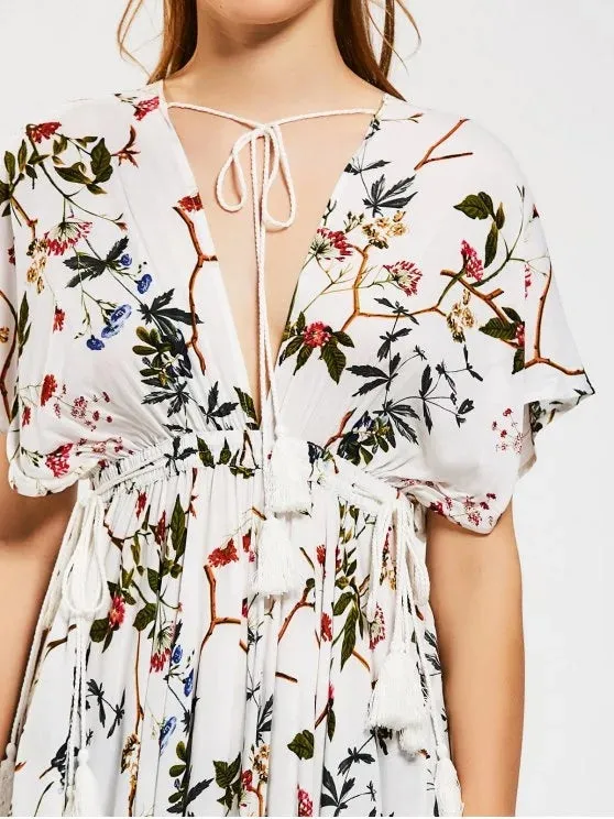 BerryBetty - Gorgeous Empire Waist Floral Asymmetrical Midi Dress